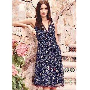 Johnny Was Jade Susila Silk Dress Red Pom Trim Blue White Print Size Small NWT